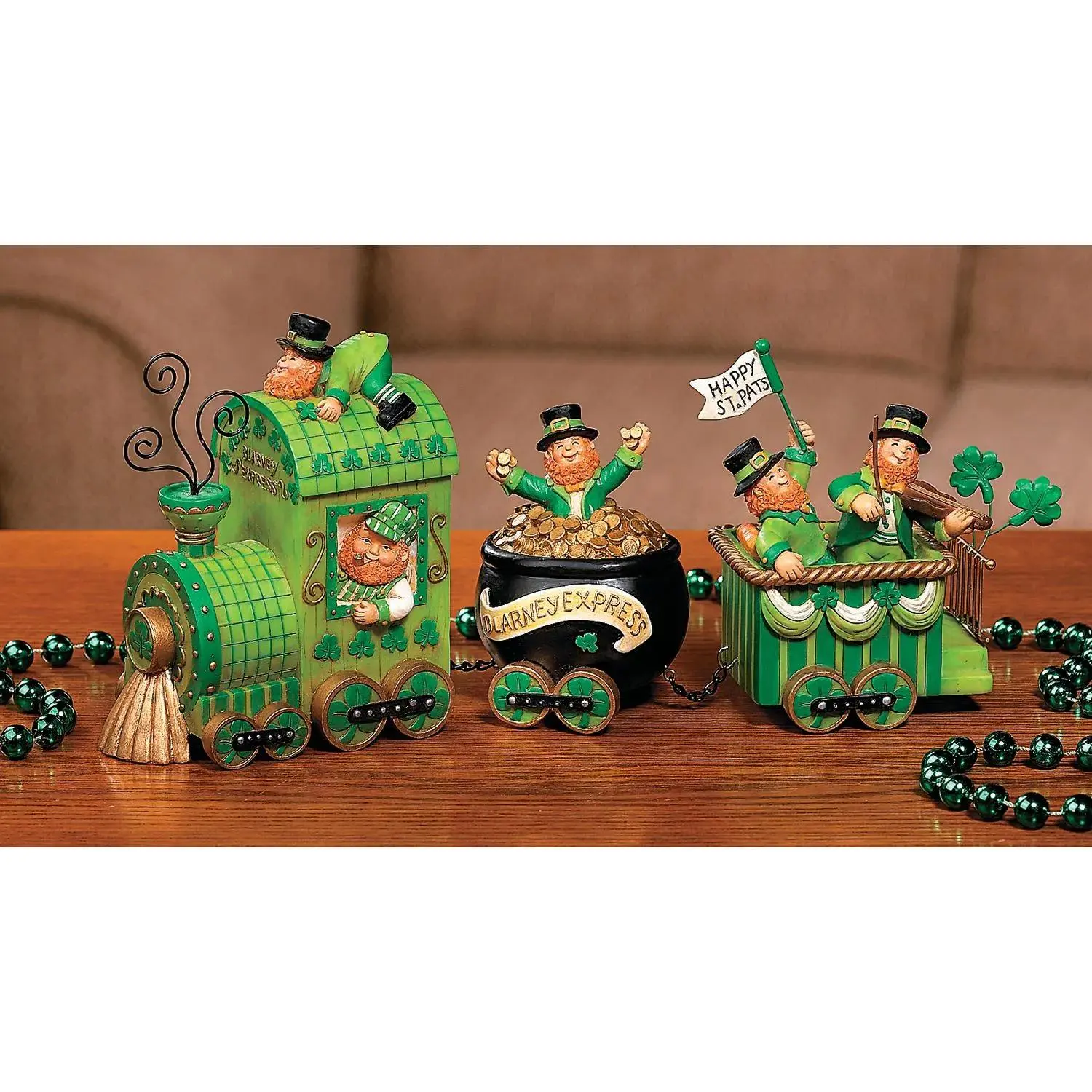 Hand-Painted Resin Irish Hand Figurine - St. Patrick's Day Decorative Piece with Shamrock Motifs, Train-Shape Irish Charm, 5.75in H x 12.5in L for Home Party Shelf Indoors