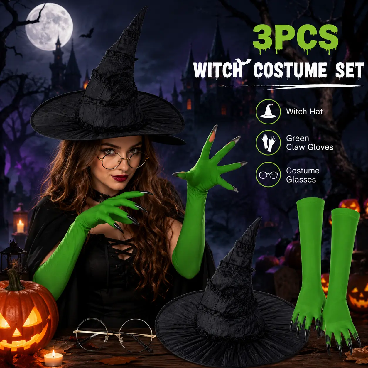 3Pcs Halloween Witch Costume Set – Witch Hat, Green Claw Gloves & Glasses, Cosplay Dress-Up Kit for Women Party Fun