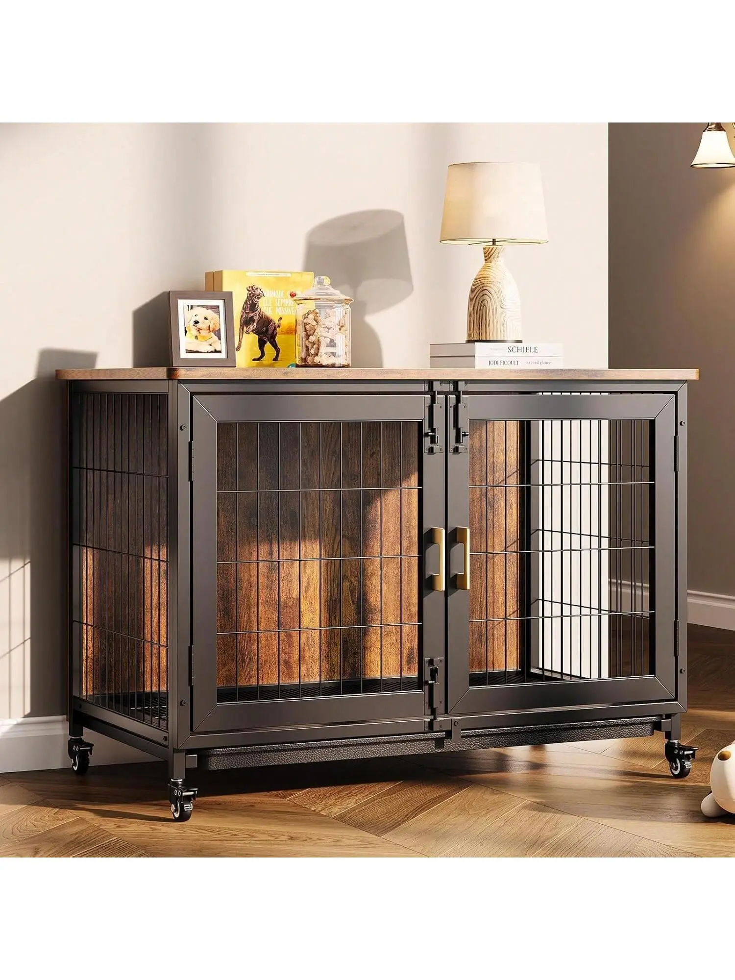 【Christmas Gift】brown- Dog Crate Furniture, Heavy Duty Dog Kennel Furniture With Wheels, Wooden Dog Cage With Removable Tray, Indoor Dog House For Medium And Small Dogs, Brown