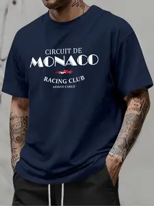 Men's Regular Fit Circuit De Monaco Racing Club Print Round Neck Tee, Casual Short Sleeve T-shirt for Summer, Fashion Men's Top for Daily Wear, Casual Style Tee, Tropical, Casual Summer Clothing, Casual Menswear