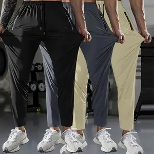 Men's summer quick-dry stretch ice silk long pants, lightweight and breathable sports ice silk long pants, with zipper printed pockets, elastic waistband with drawstring casual pants, suitable for gym workouts, fitness, and hiking