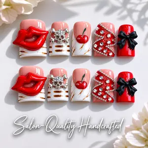 Press on Nails, Short Duck Nails, Red Nude White Gold Stripes, Cherry Accents, Rhinestones, 3D Red Lips, Silver Skull Charms, Matte Black Bows, Rockabilly False Nails, 10pcs Handmade Glue On Nails for Women