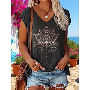 Boho Mandala Lotus Print Women's Sleeveless V-Neck T-Shirt, Casual Loose Fit Graphic Tee, Soft Breathable Apparel, Perfect for Daily Wear, Yoga & Summer, Ideal Gift for Yoga & Nature Lovers
