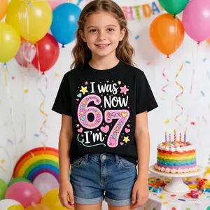 7th Birthday T-Shirt - "I was 6, now I'm 7" Fun Birthday Party Outfit with Number 67 and Heart Balloon - Soft Breathable Cotton T-Shirt