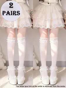 2 pairs of ladies' cute white bow tie school style calf socks with lace edging for girls Socks Set