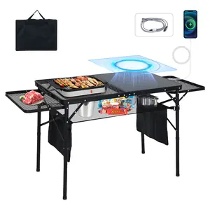 Portable Camping Table with Solar Charger, USB & Type-C Charging, Adjustable Height, 2 Side Shelves, Mesh Net & Cup Holders