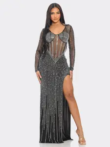 Dazzling Rhinestone Long Sleeve Mesh High Split Evening Dresses, Sexy and Exquisite Formal Women'S Dresses, Best for Formal Occasions Light Polyester