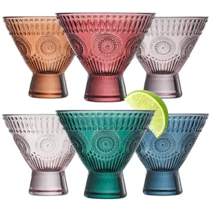 Khen Stemless Martini Colored Vintage Art Deco Glasses - Martini, Cocktail & Champagne Glasses | Set of 6 | Pastel Muted Crystal Cocktail Glassware, Goblet Cocktails, Bar Gift - Hobnail Design