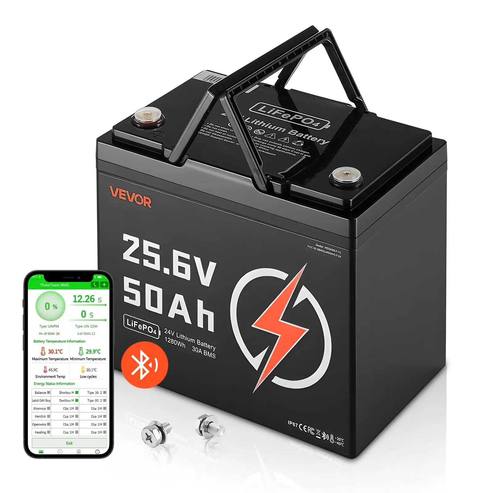 VEVOR 24V 50Ah LiFePO4 Secondary Rechargeable Deep Cycle Lithium Battery, Bluetooth-Enabled, 30A BMS Built-In, Low Temp Protection, 4000+ Cycles, 1280Wh Max, for RV, Marine, Trolling Motors