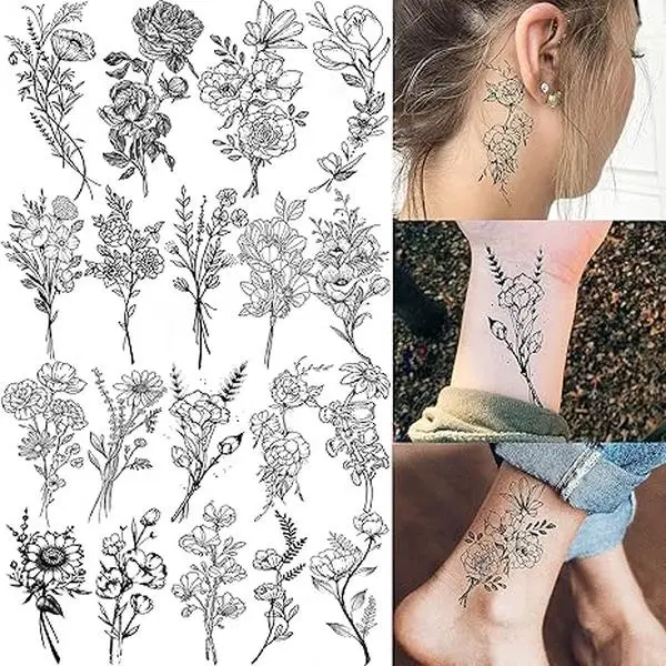 19 Sheets Sexy Realistic Black Flower Bouquet Temporary Tattoos For Women Girls Adults Arm Hand Neck Tatoos Set, Waterproof Small Fake Lavender Sunflower Floral Tattoo Stickers Tiny Branch Tattoo Kit