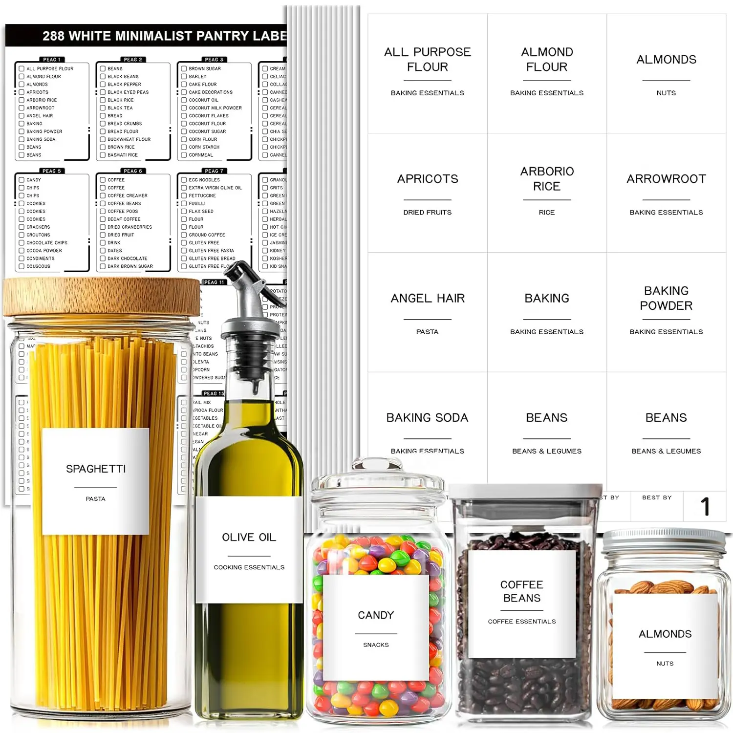 Pantry & Food Container Labels - Preprinted Minimalist Waterproof Office Labels with Sleek Design, Alphabetical Black Text, Customizable for Storage Bins, Jars