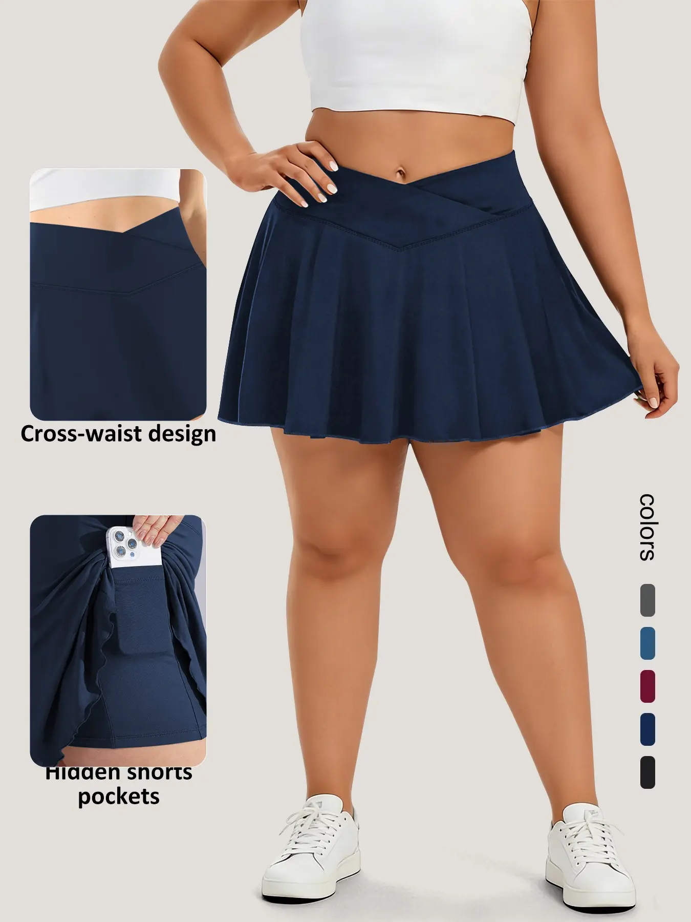 Women's Plus Size High-Waisted A-Line Skirt, Cross Waist Design, Safety Pants, Pockets, Fashion Sports Skirt, Sports Skirt, Athletic Skirts, Tennis Skirt, Active Skirts, Casual Sporty Skirt, Sporty Short Skirt, Sportswear Workout Skirts
