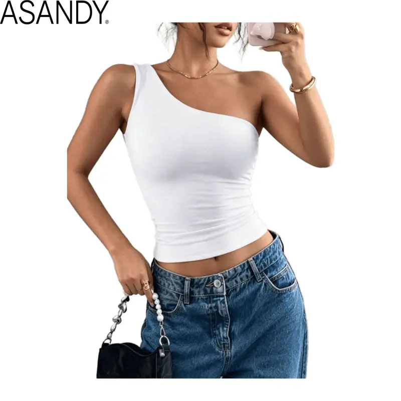 ASANDY Women's High Basic Sleeveless Double Layer Opaque Fitted Tank Top - 4-Way Stretch Spandex Fabric, Lightweight Soft Smooth Breathable Sporty Chic Undershirt for Yoga & Brunch Dates, All-Season Versatile Casual Activewear (White, Off Shoulder)