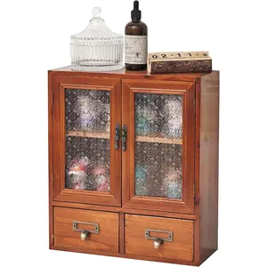 NEW Wall Mount Storage Cabinet with Floral Patterned DisplayDoor - Decorative Obscured Glass Pantry Storage Hanging Cupboard w 2 Bottom Drawers - Rustic Mini Kitchen Cabinet, Mahogany Wood