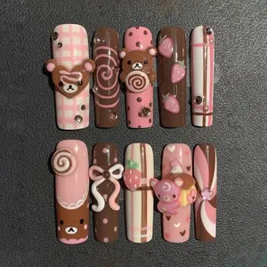 Handmade Kawaii Bear Press On Nails Strawberries Chocolate Swirls And 3D Bow Charms