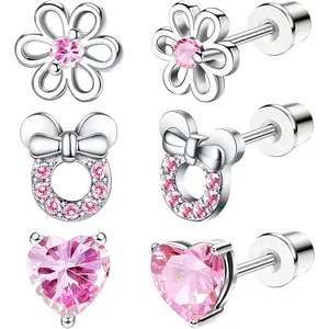 3 Pairs S925 Sterling Silver Post Pink CZ Stud Earrings Set for Girls & Toddlers | Hypoallergenic Kids Screw Back Earrings | Cute Daisy, Heart & Mouse Princess Jewelry Pack for Sensitive Ears
