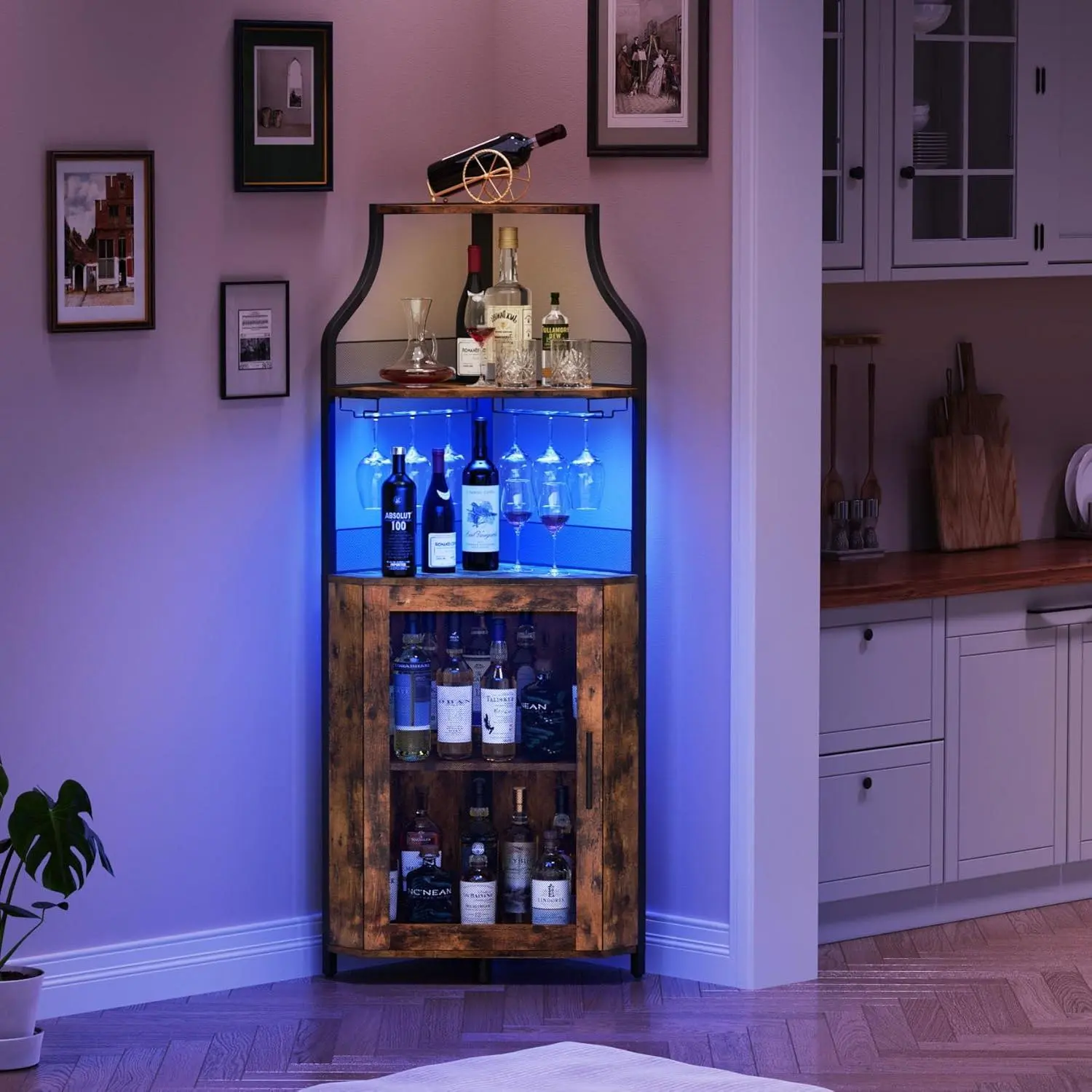 Gaomon Farmhouse Buffet Cabinets - 61" Tall Corner Bar Cabinet with LED Light, Detachable Wine Rack, 5-Tier Industrial Design, Glass Holder, Adjustable Shelves & Feet for Dining, Living Room