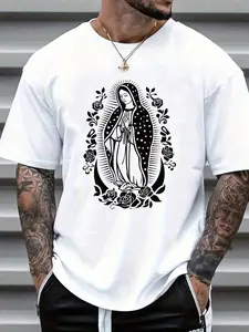 Our Lady of Guadalupe Rose Graphic T-Shirt, Mexican Religious Print Tee, Oversized Crew Neck Shirt, Catholic Faith Casual Short Sleeve Top, Trendy Chicano Style Aesthetic Cotton Tee for Catholic Believers, Latino Culture Fans and Religious Streetwear Enth