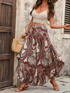 Women's Elegant Bohemian Print High Waist Flare Cropped Pants, Fashionable Ladies' Wide Leg Trousers, Stylish Casual Wear