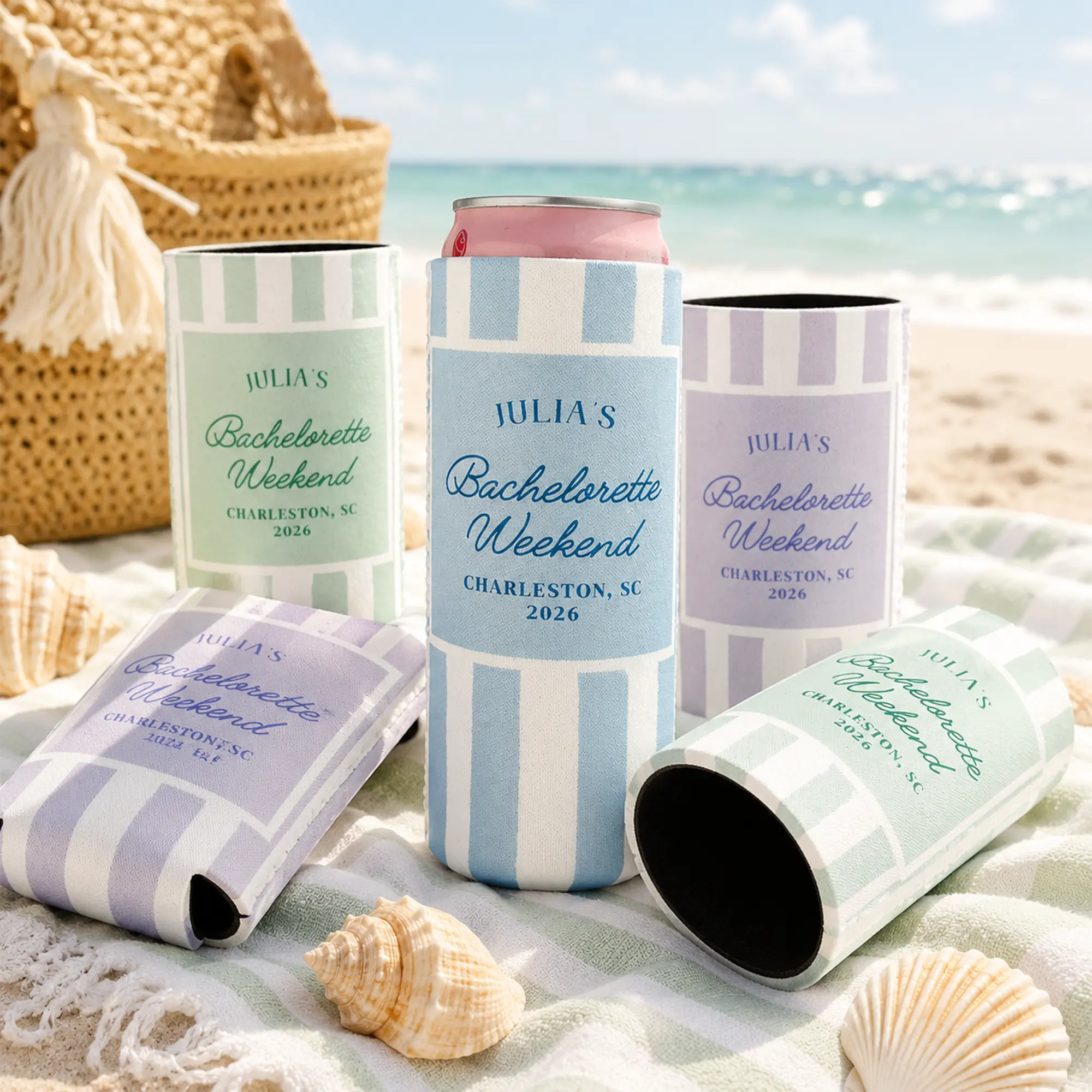RodyThread Personalized Preppy Striped Pastel Neoprene Slim Can Coolers - Aesthetic Drinkware Accessories, Fits 2 Sizes, for Bridesmaids Bridal Shower Favors, Adults Coastal Beach Party Last Toast, Fits Two Sizes