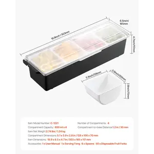 VEVOR Chilled Condiment Server, 4 Compartment Ice Cooled Condiment Serving Container, Chilled Garnish Tray Bar Caddy with Lid, for Bartending Serving Taco, Salad, Fruit, Home Restaurant Supplies
