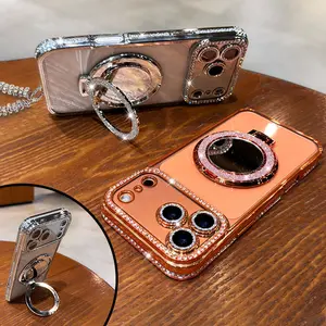 Luxury Women's Phone Case with Mirror & Stand for iPhone 12/13/14/15/16/17 Pro Max,17Air,14/15/16 Plus.Features a shiny frame, high-definition transparent material, and full-body drop-resistant design.