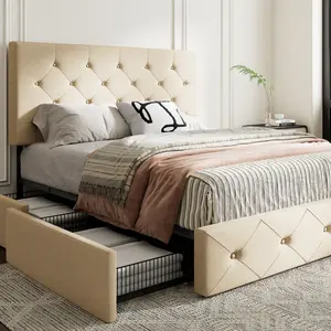 MUTICOR 4-Drawer Storage Upholstered Bed Frame, Linen or PU Leather, Tufted Headboard,Full/King/Queen Bed Frame, No Box Spring Needed#TikTokShopBlackFriday #ChristmasGifts
