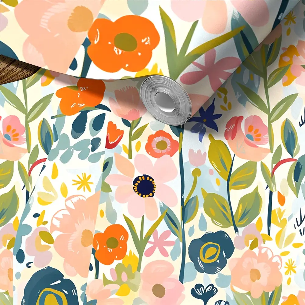 Bright Watercolor Flower Wallpaper, Peel and Stick, Removable Self-Adhesive, Colorful Botanical Decor, Modern Floral Design, Vintage Floral Wallpaper