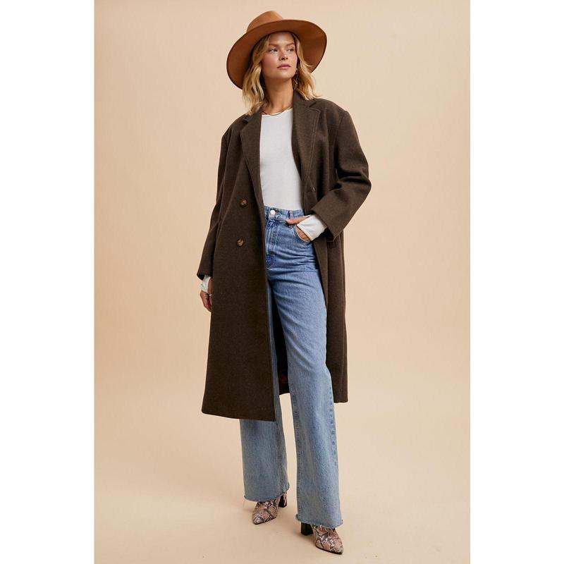 Double Breasted Lapel Oversized Duster Coat Brown Button Casual Fit Womenswear Long Sleeves Jackets Pocket Style