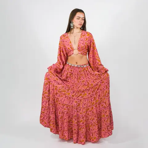 Women's Viscose Lightweight Butterfly-Style 2-Piece Bohemian Set by Karma Nepal Crafts - Elastic Wrap Top with Ruffle Sleeves, Pockets; Flowy Tiered Skirt, Whimsical Paisley Print, Adjustable Drawstring for Festivals, Everyday Wear