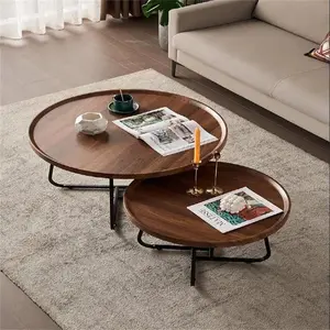 Garvee Round Nesting Coffee Table Set of 2, Mid Century Modern Fluted Design Coffee Tables for Reception Area Bedroom Office Balcony Yard 28"+20" Round Walnut