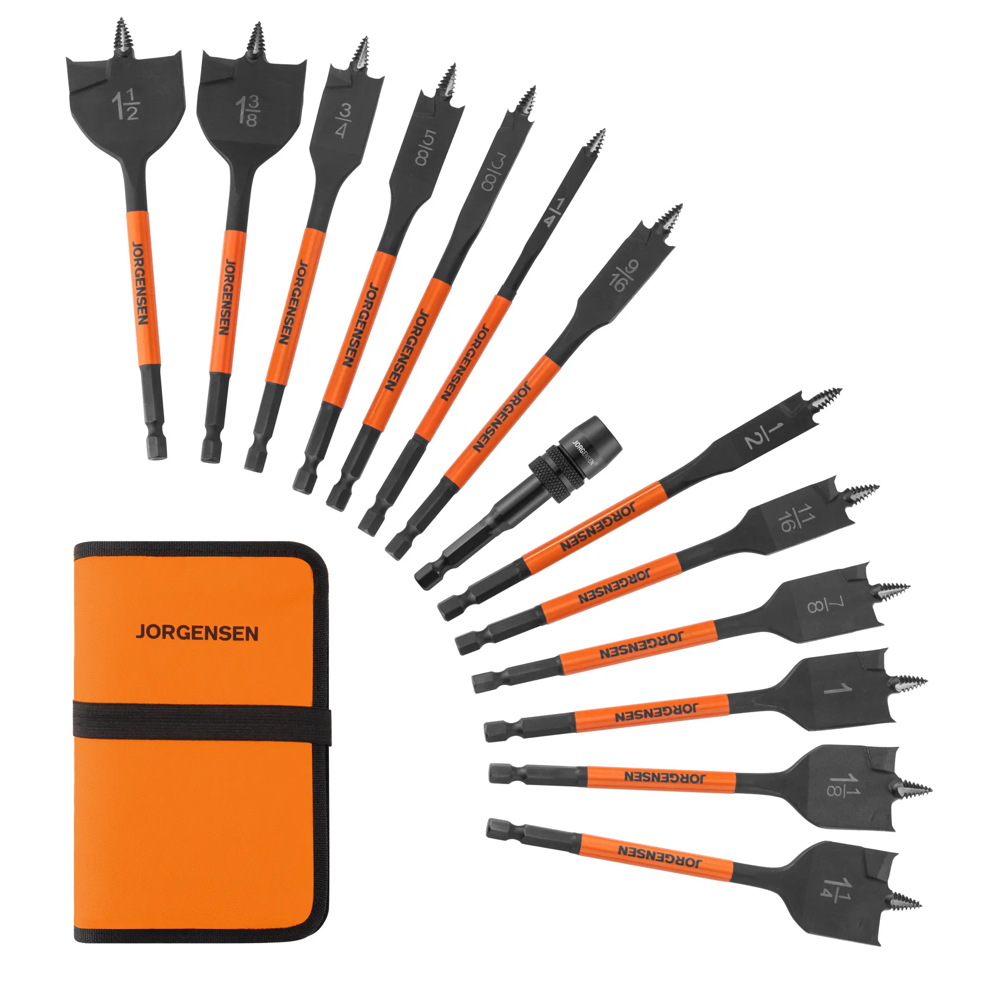 #fathersdaygift Jorgensen 14-Pack Spade Drill Bit Set with Quick-Load Connector, High-Performance Carbon Steel Paddle Bits for Woodworking, Self-Feeding Threaded Tip, Assorted Bits 1/4" to 1-1/2" with Storage Pouch