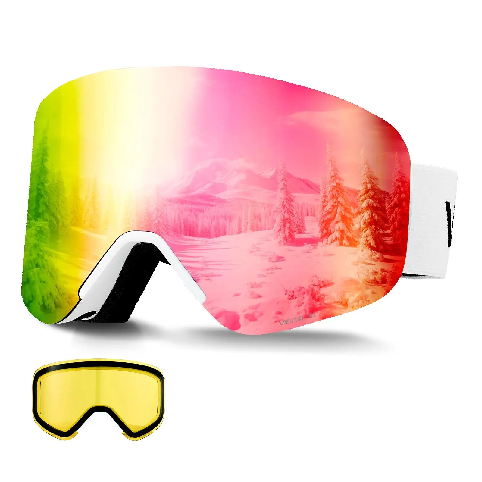 【SummerFinds】VEVOR Frameless Ski Goggles, Magnet Cylindrical Lens with Pink Revo Coating, OTG Anti fog Snow Goggles for Men Women Youth, TPU Frame & Ventilation Structure, Fit for Skiing, Skating, Snowboarding