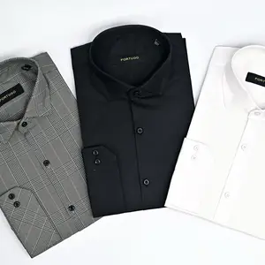 Fortugo Men's Slim Fit Button Down Full Sleeve Shirt Casual Formal Plaid Solid Designs Premium Cotton Fabric Comfortable Versatile for Office Wear Dress Menswear
