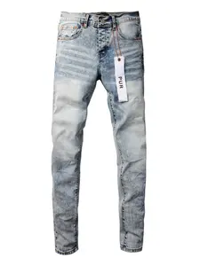 Men's Light Blue Washed Denim Jeans, Hip-Hop Style, Fitted Skinny Fit, Mid Waist, Zipper Fly, All Seasons, Fashionable Streetwear