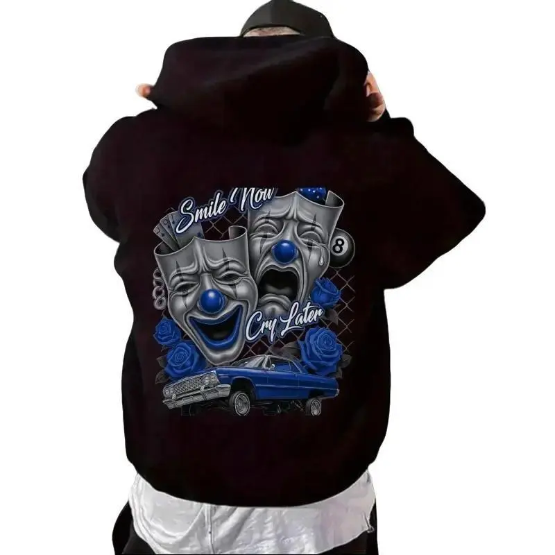 Men's Black Hoodie - Smile Now Cry Later Pattern Pullover Sweatshirt with Clown Mask and Car Print, Hooded Streetwear Suitable for Daily Casual Wear - All-Season Comfortable Fit Hoodie, Urban Style, Strong Print, Fashion Enthusiast, Halloween Polyester