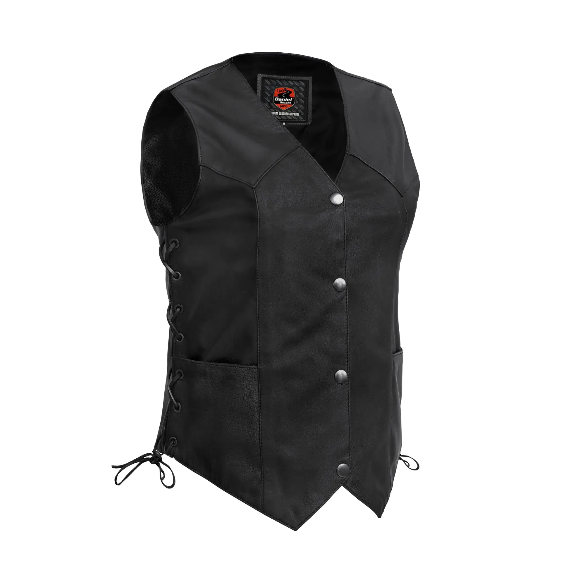 DANIEL SMART Women's Classic Side Lace Leather Bike Style Motorcycle Protective Vest - 1.0-1.1mm Soft Drum-Dyed Goat Skin, 4-Snap Front, Reinforced Shoulder Support, Lower Pockets, Inside Storage, Laced Riding Vests, Bike Style Vests