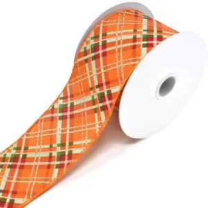 Diagonal Plaid Linen Wired Edge Autumn Fall Ribbon, Orange, 2-1/2-Inch, 10-Yard