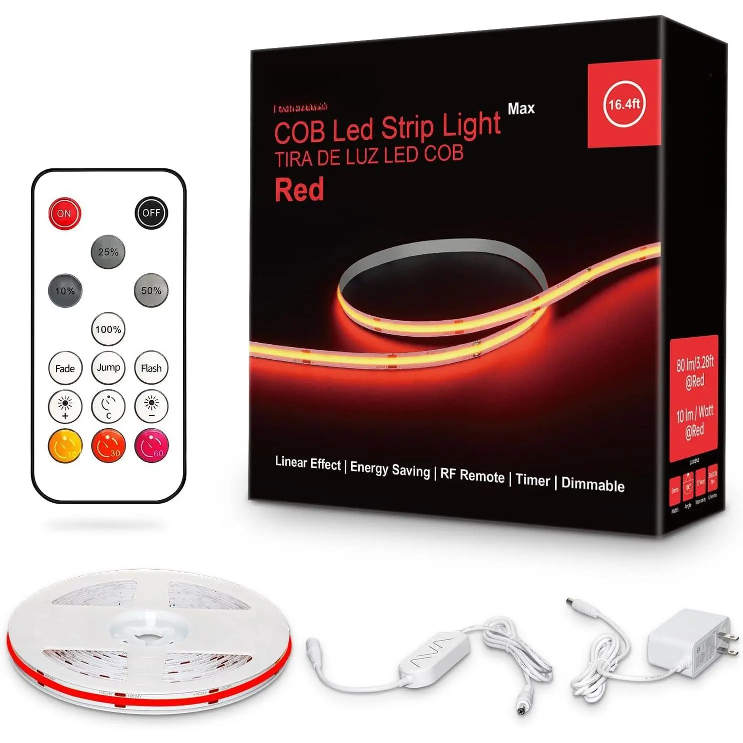 16.4ft Red COB Led Strip Lights with RF Remote, Dimmable Bright Dotless Adhesive Indoor Led COB Light Strip for Cabinet, Painting, Room, Bed