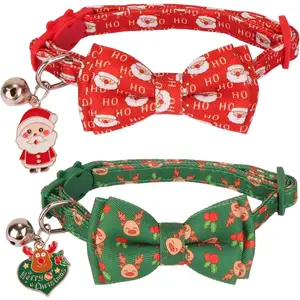 Christmas   with Removable Bow Bell, 2 Pack Red Green Santa Reindeer Christmas Collars for  Kitten