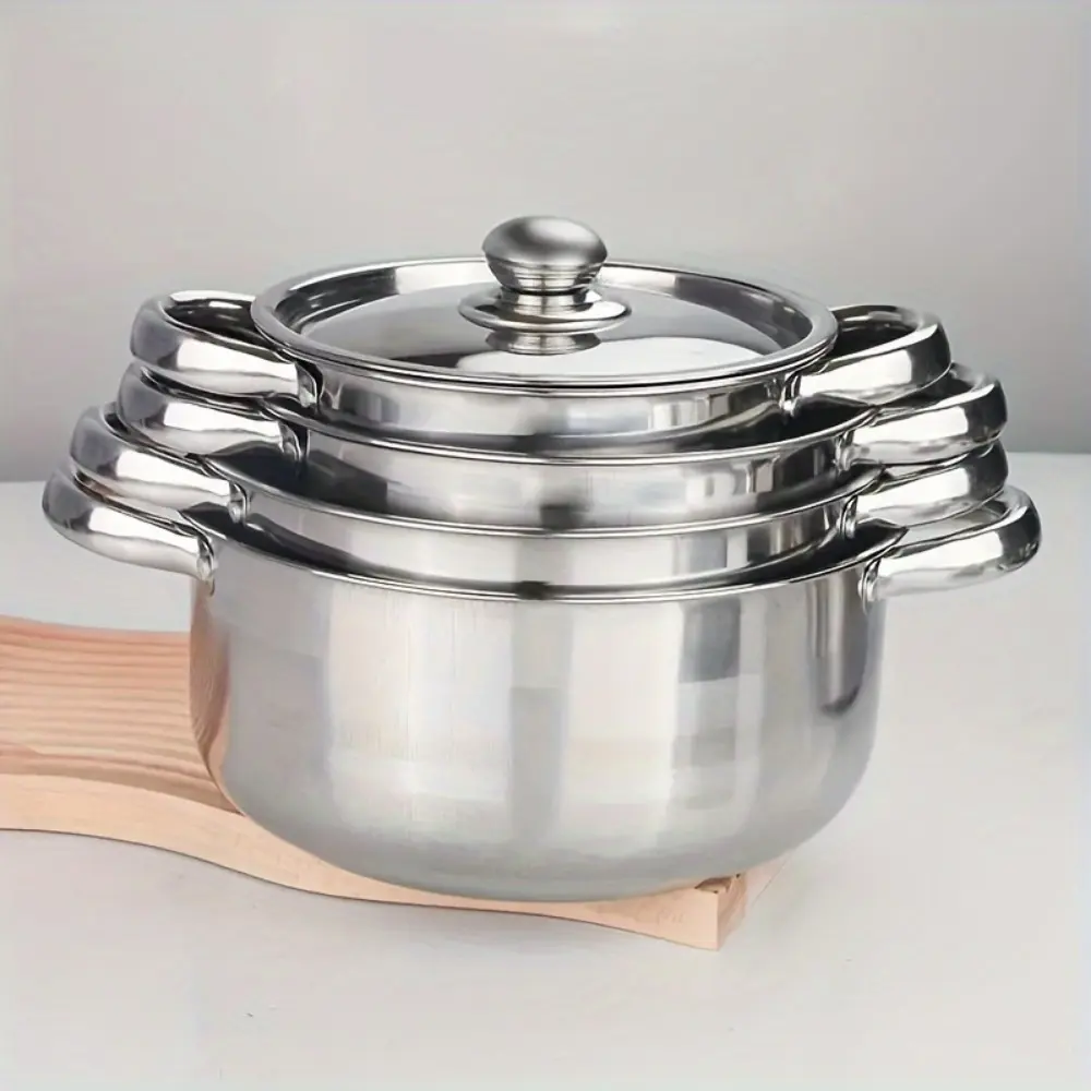 4setStainless Steel Cookware Set - Durable, Thickened Design with 4 Pots & Matching Lids, Versatile Sizes (20/21/24/26cm) - Stainless Steel Kitchen Ideal for Camping & Outdoor Cooking Stackable Rv Cookware All Stainless Steel Pans