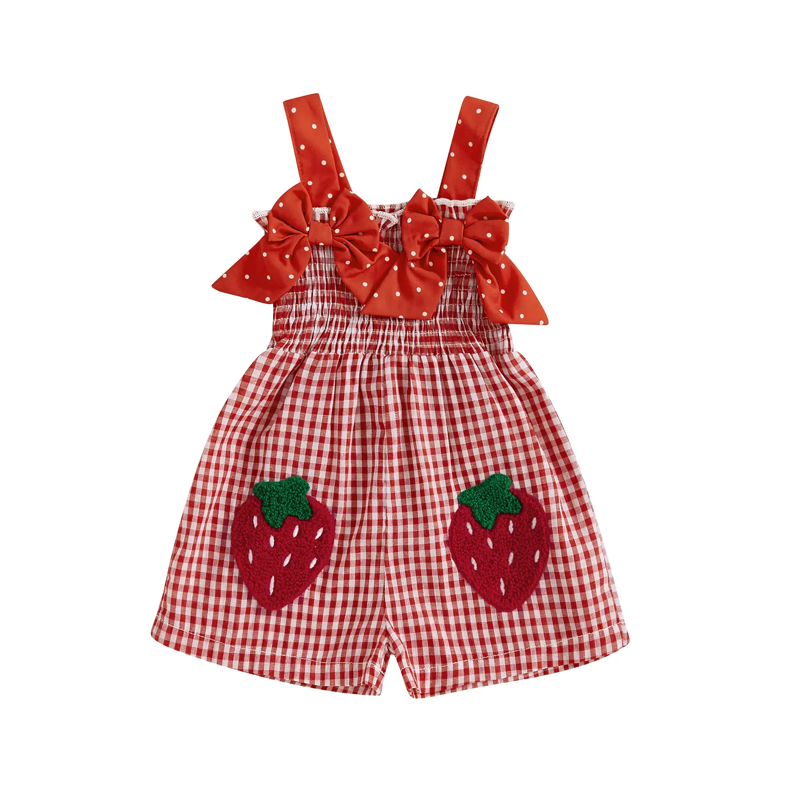Baby Girls Cute Bows Smocked Strawberry Jumpsuit Gingham Plaid Sleeveless Romper Overalls Shorts Casual Summer Outfit