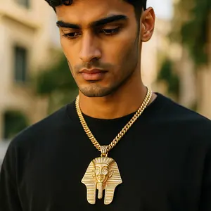 Egypt King Tut Pharaoh Gold Plated Large Bling Pendant & 6mm 20" 24" 30" Cuban Chain Hip Hop Style Necklace Jewelry - Metal Coating, Casual Style