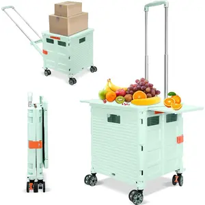 Foldable Utility Cart Rolling Crate Handcart Shopping Cart with Rotate Wheels Extended  Lid Telescoping Handle Adjustable Angle for Transports Groceries Office Teacher File(Green)