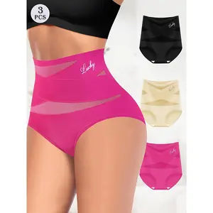 3pcs Women's High-Waisted Panties with Cross Straps, Slim Fit, Tummy Control