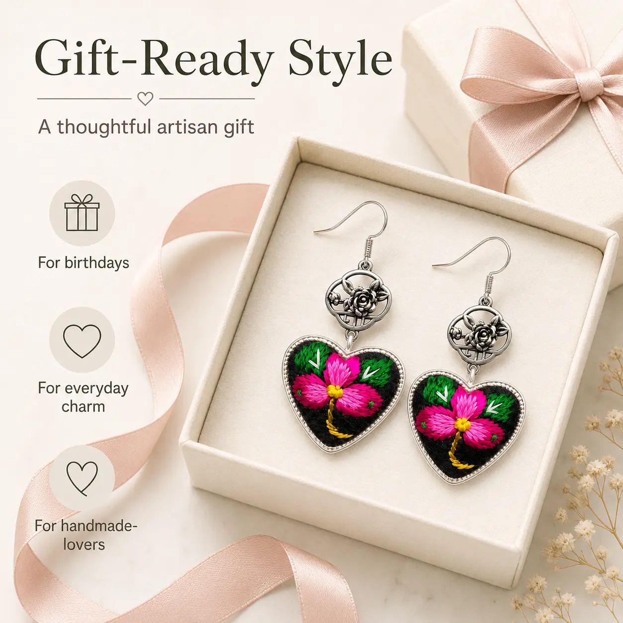 Handmade Miao Heritage Heart Dangle Earrings, Needle-Insertion, Counted Cross-Stitch and Brocade, Wearable Textile Art Gift