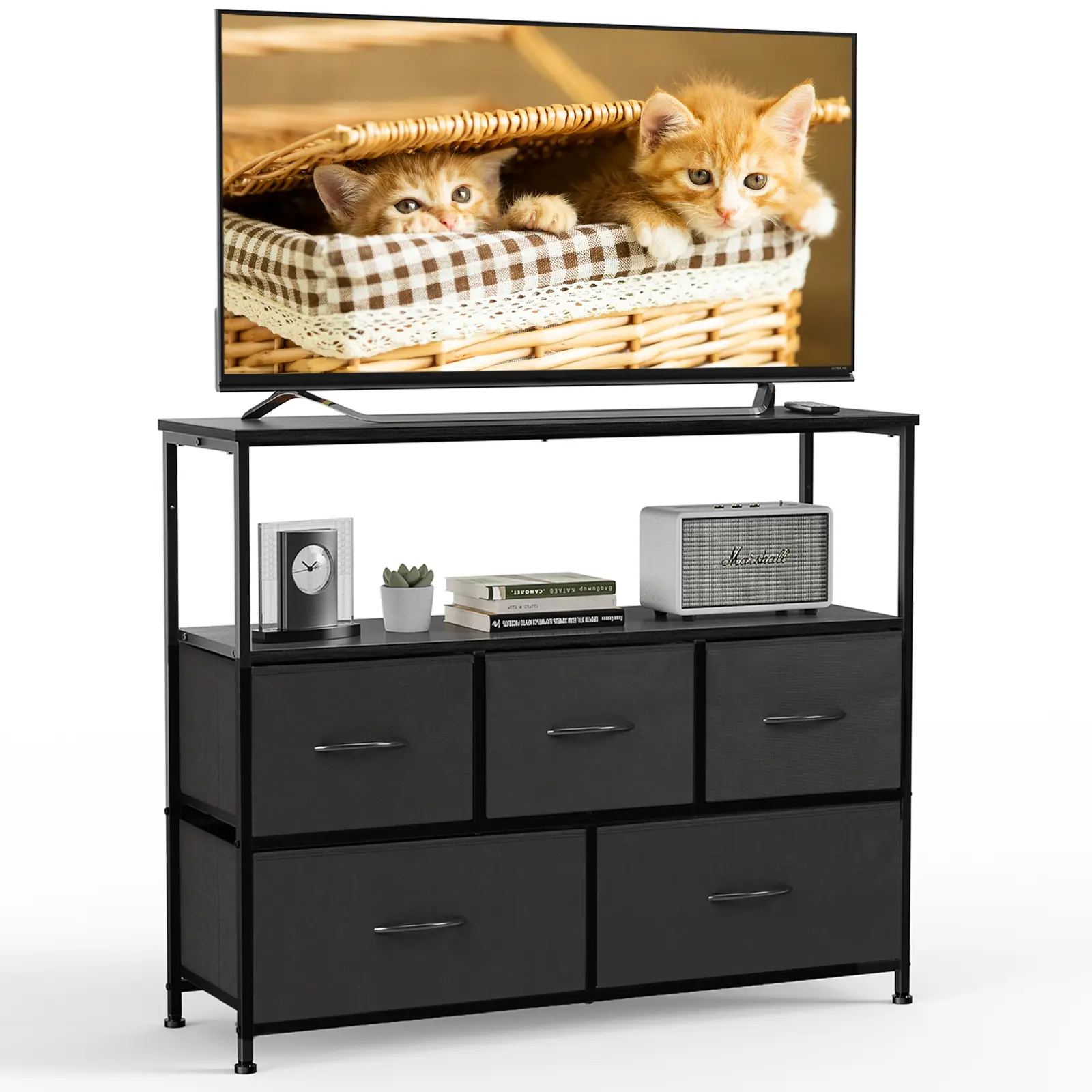 Modern TV Stand Dresser, 5-Fabric-Drawer Entertainment Center, Media Console Table with Open Storage Shelf for TV