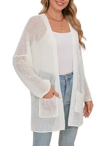 YF Clearance Sale! Lightweight Open Knit Cardigan, Long Sleeve Open Front Mesh Cover-Up with Side Pockets Breathable Fit Spring Womenswear Casual Flowy Knitwear Style Summer Tops