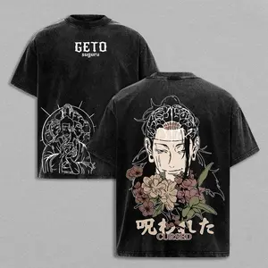 Menswear Vintage Washed Jujutsu Kaisen Suguru Geto Double-Sided Round Neck Shortsleeve T-Shirt, Oversized Retro Distressed Anime Graphic Tee, Harajuku Y2K Streetwear, 100% Cotton Casual Festive Japanese Manga Print Top for Men