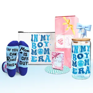 ANOTION Mothersday Gift In My Boy Mom Era Gift Set - Boy Mom Iced Coffee Cups, Coffee Mug with Straw, New Moma Gifts, Mama Birthday Gift, Glass Tumbler Drinking Cup for Mother Drinkware Ceramic